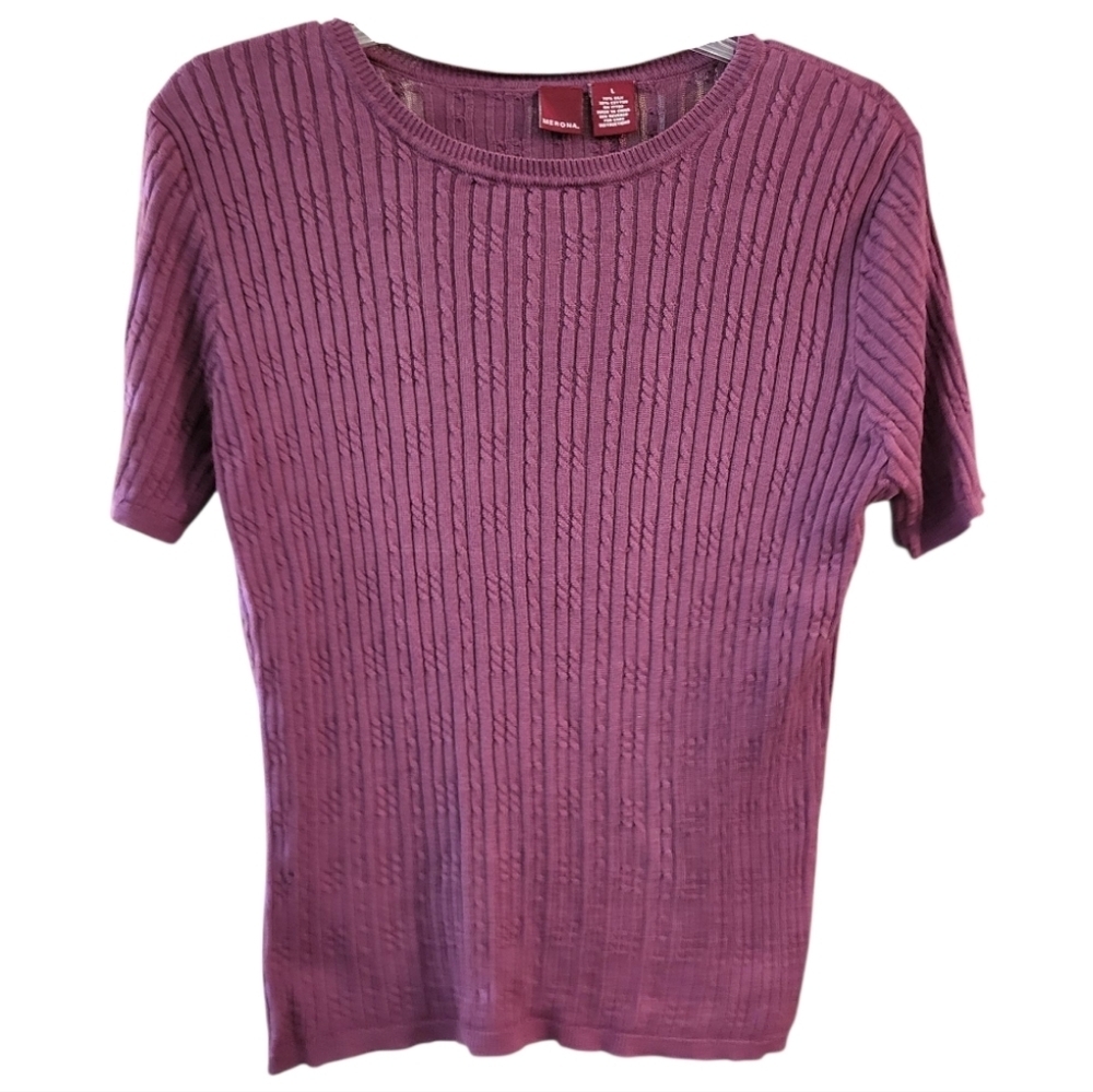 Merona Elegant Burgundy Ribbed Women's Short Sleeved Silk Blend Top - Size L